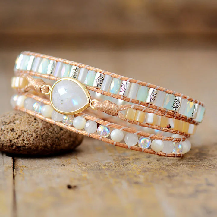 Moonstone Teardrop Charm Wrap Bracelet