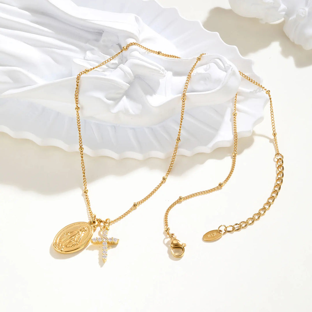 Necklace with Miraculous Medal and Paved Cross (18K Gold Plated)