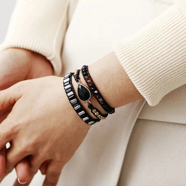 Black Onyx Teardrop Charm Wrap Bracelet