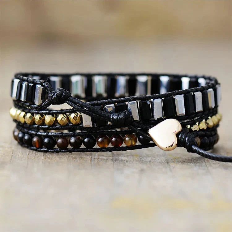 Black Onyx Teardrop Charm Wrap Bracelet