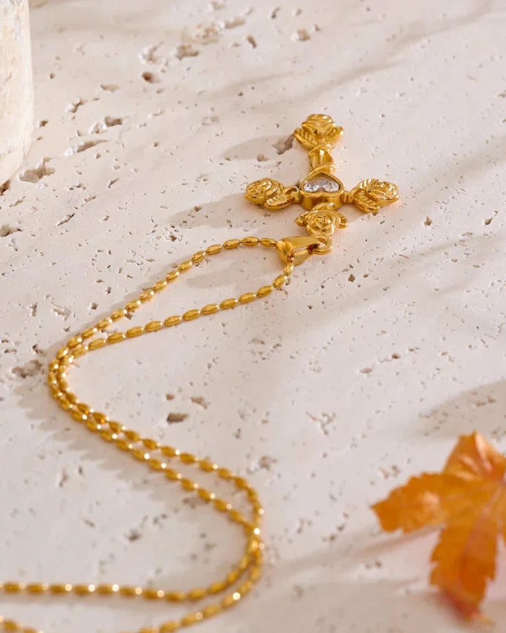 Necklace with Rose Cross and Heart (Gold Plated)