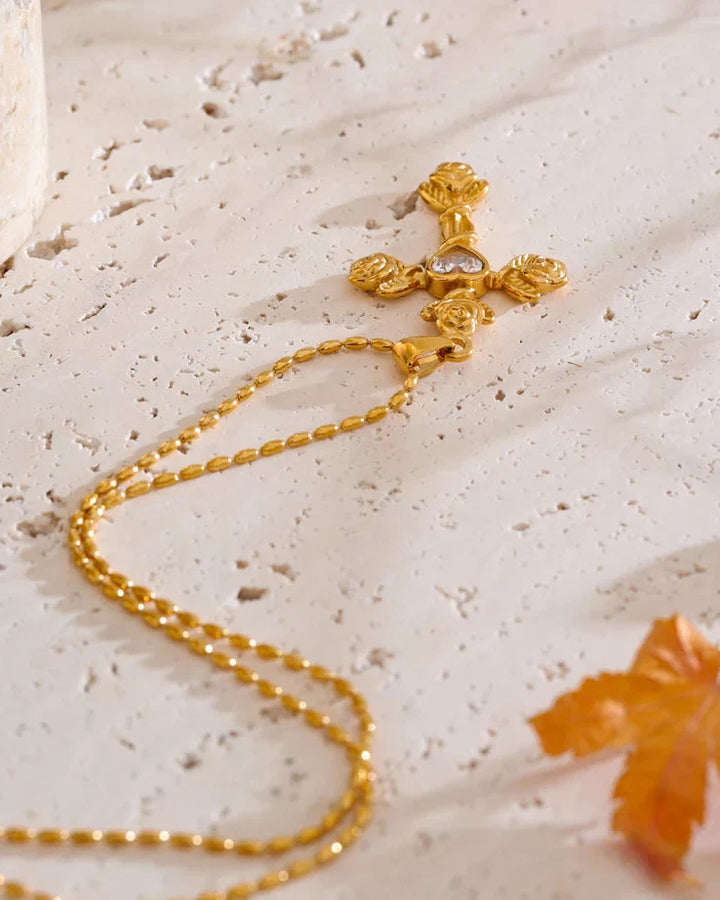 Necklace with Rose Cross and Heart (Gold Plated)