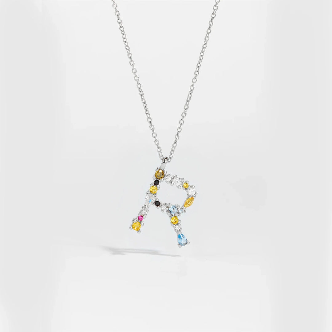 Colorful Crystal Initial Letter 925 Sterling Silver Necklace