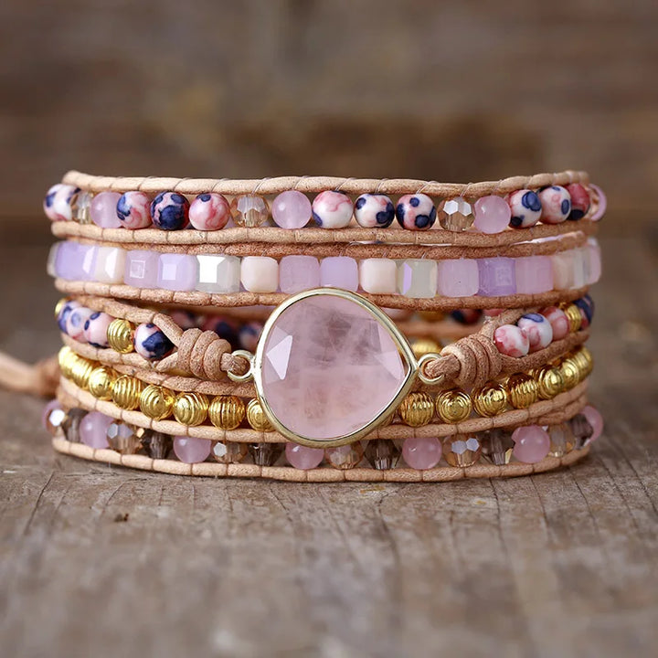Rose Quartz Teardrop Charm Beaded Wrap Bracelet