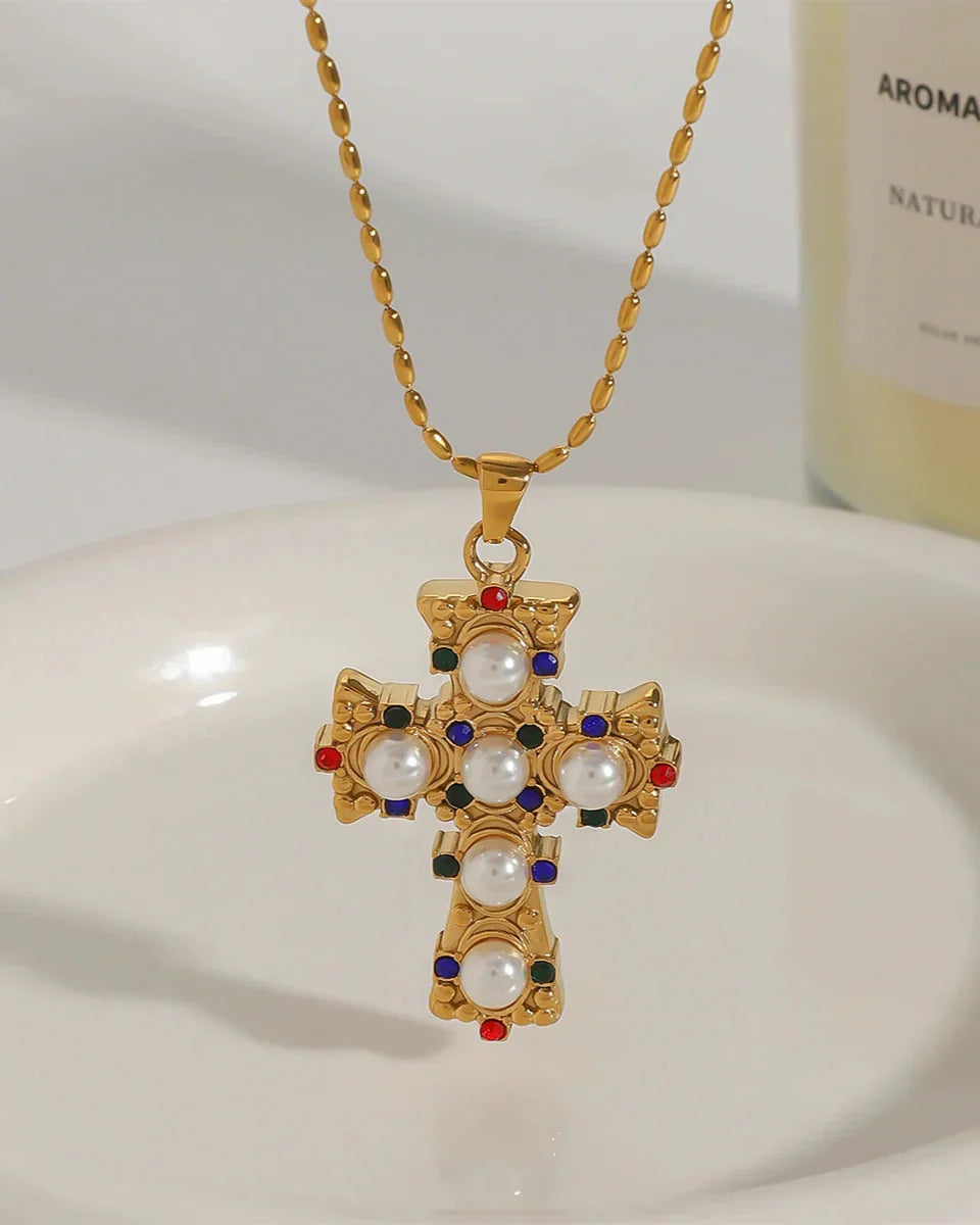 Ornamental Cross Necklace with Colored Gemstones and Pearls (Gold Plated)