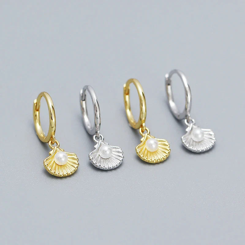 Shell Pearl Huggie Earrings – 925 Sterling Silver