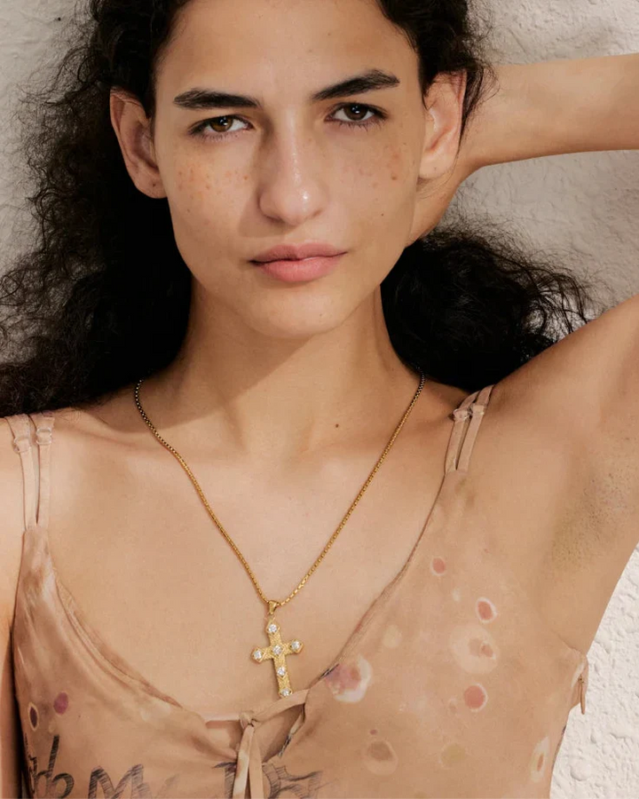 Textured Cross Necklace with Inset Zircons (Gold Plated)