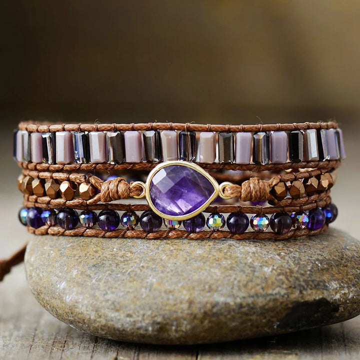Amethyst Teardrop Charm Wrap Bracelet