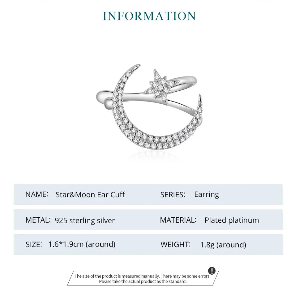 Star & Moon Ear Cuff – 925 Sterling Silver Celestial Ear Wrap