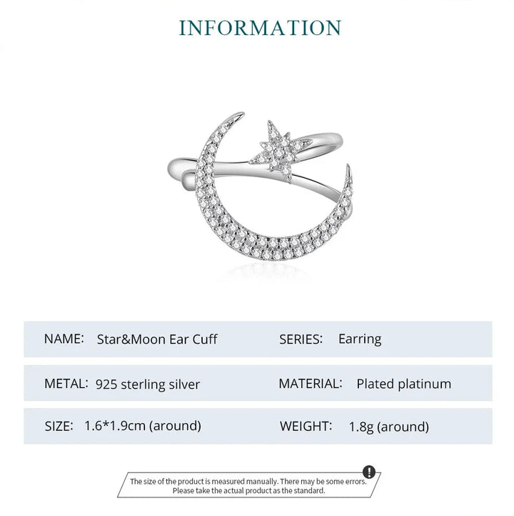 Star & Moon Ear Cuff – 925 Sterling Silver Celestial Ear Wrap
