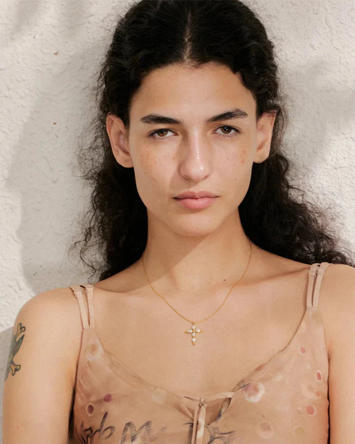 Classic Cross Necklace with Drop Crystals (18K Gold Plated)