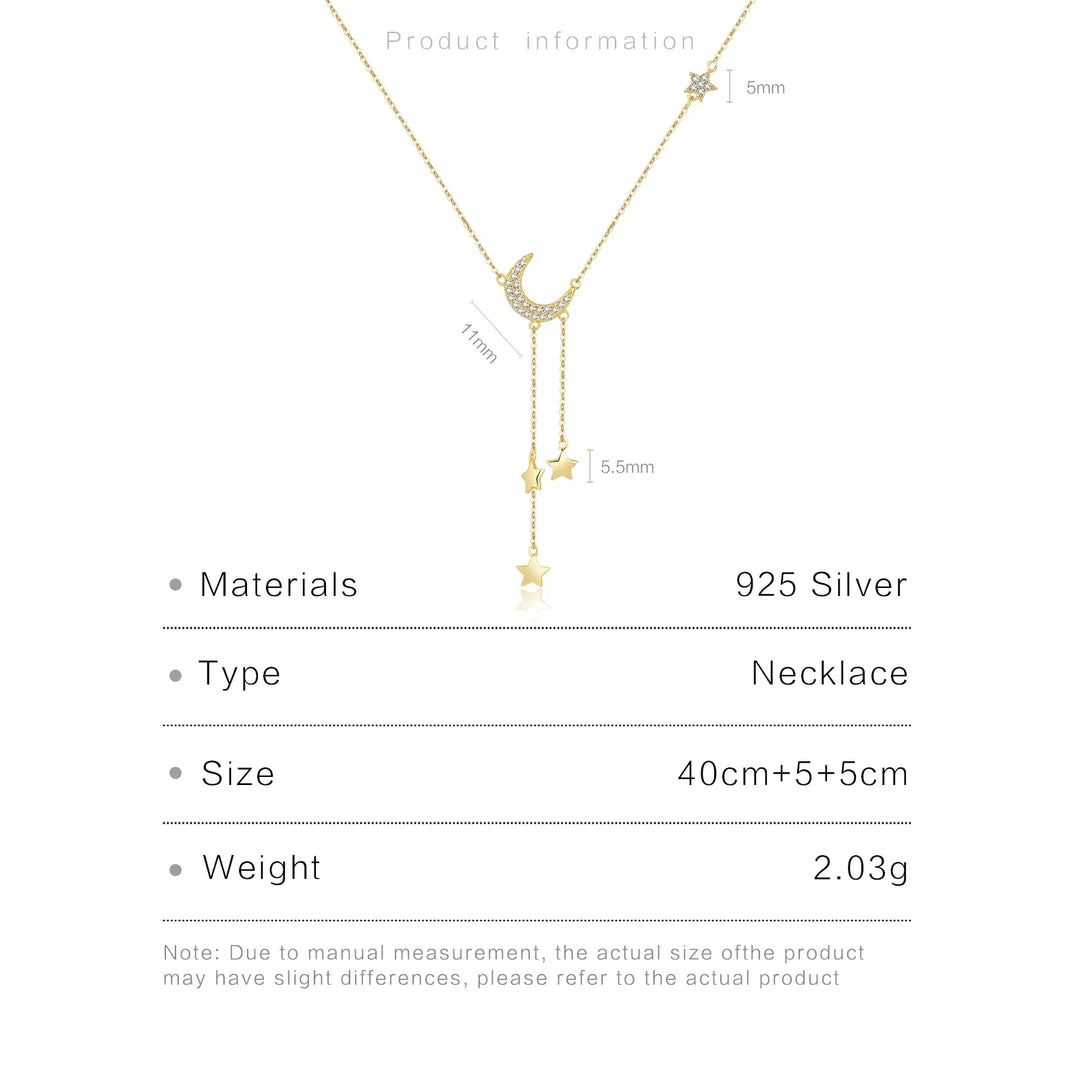 Moon & Stars Drop 925 Sterling Silver Necklace  Dainty Celestial Pendant