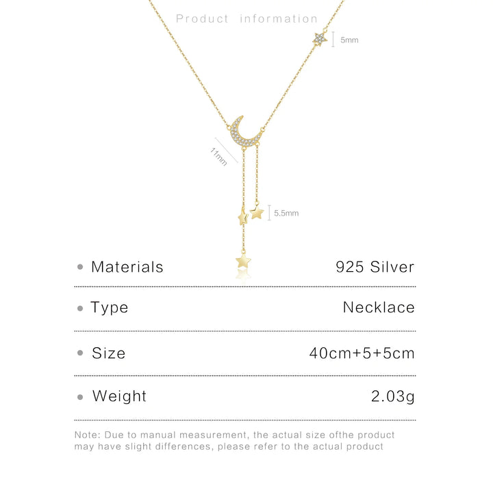 Moon & Stars Drop 925 Sterling Silver Necklace  Dainty Celestial Pendant