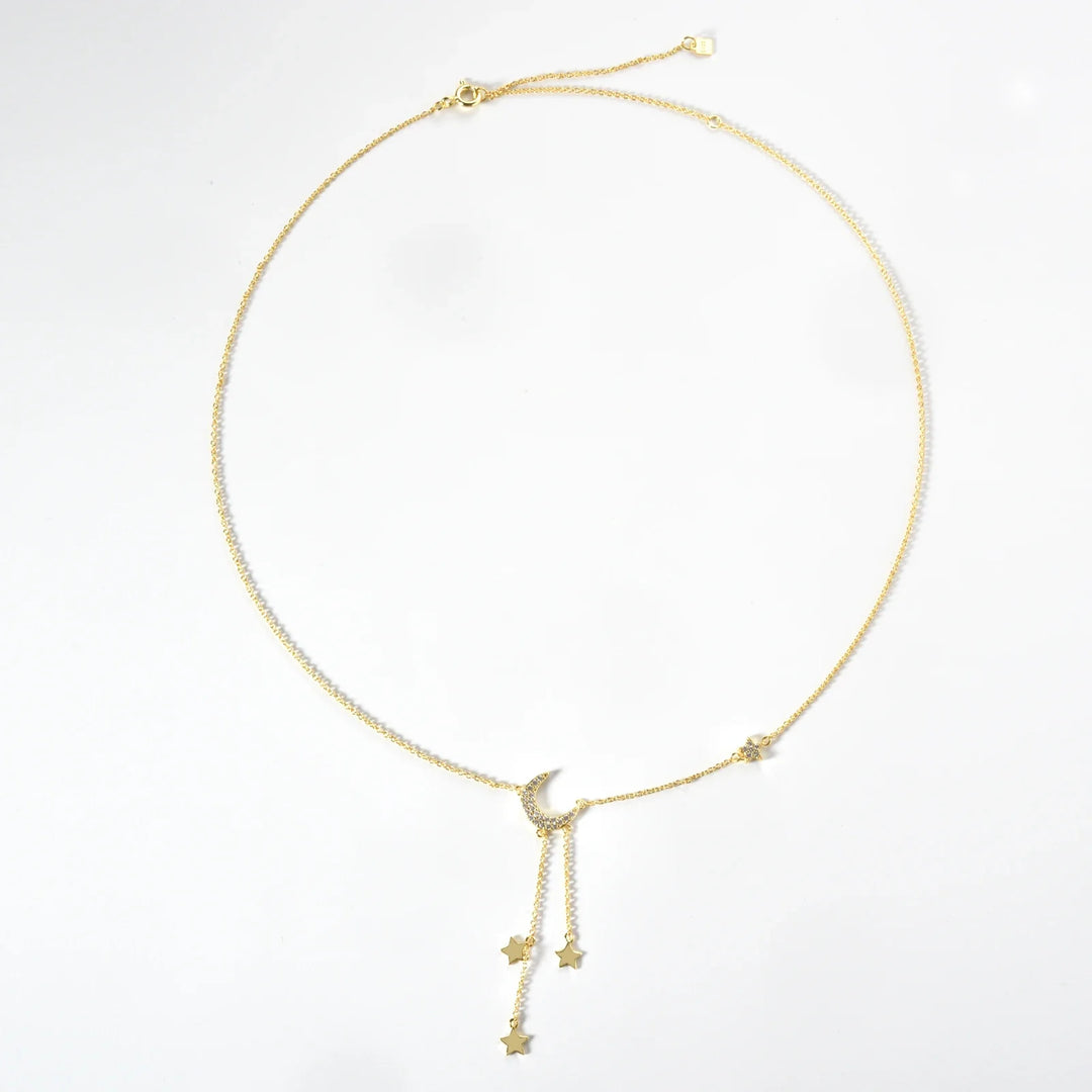 Moon & Stars Drop 925 Sterling Silver Necklace  Dainty Celestial Pendant