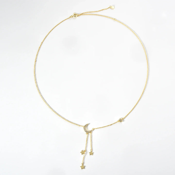 Moon & Stars Drop 925 Sterling Silver Necklace  Dainty Celestial Pendant