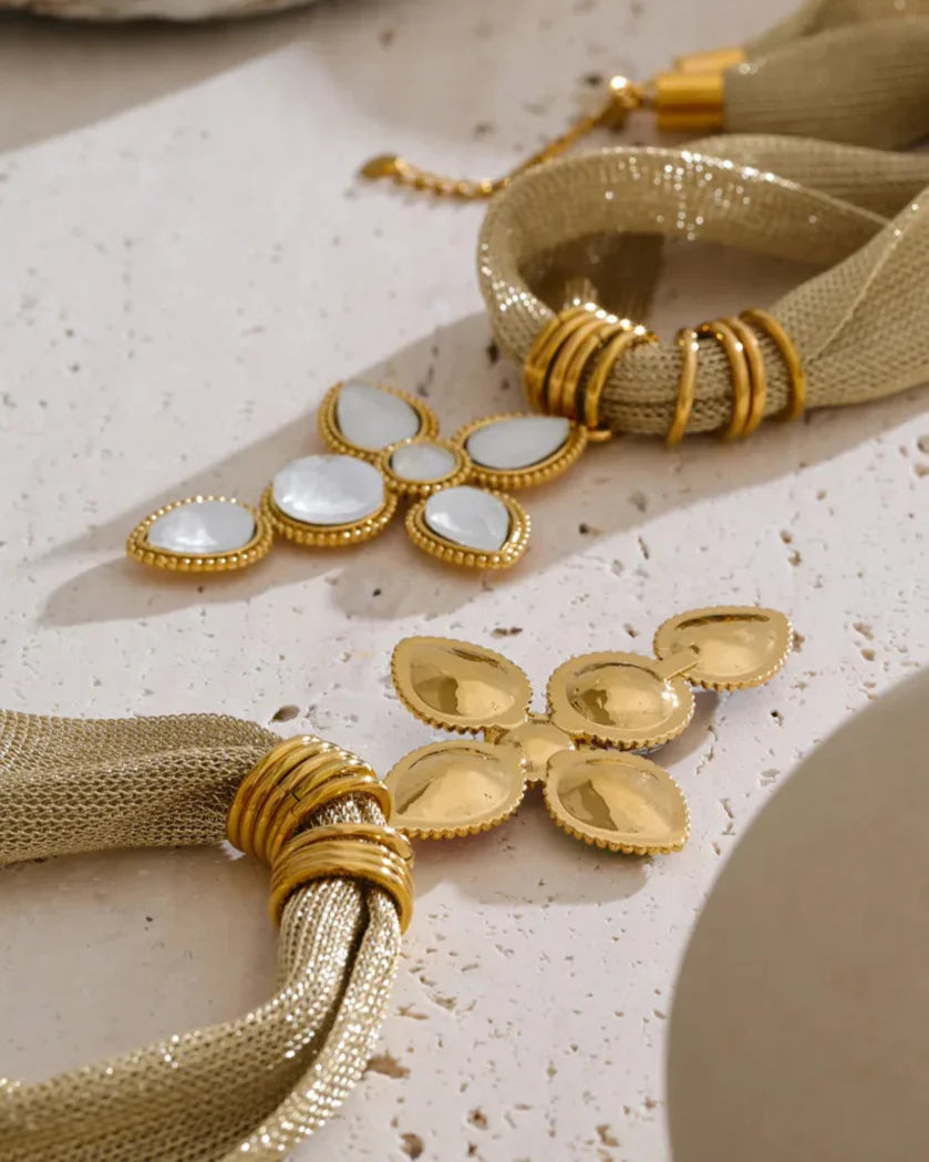 Golden Scarf Style Necklace with Stone Cross (Gold Plated)
