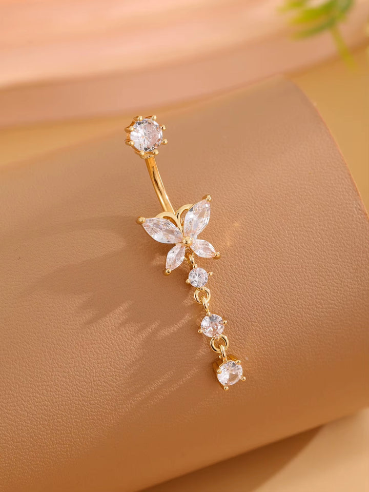 Butterfly Crystal Dangle Belly Button Ring in Silver Tone