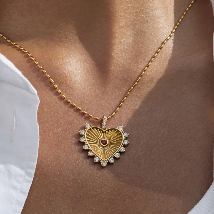 Radiant Sunburst Halo Heart Necklace