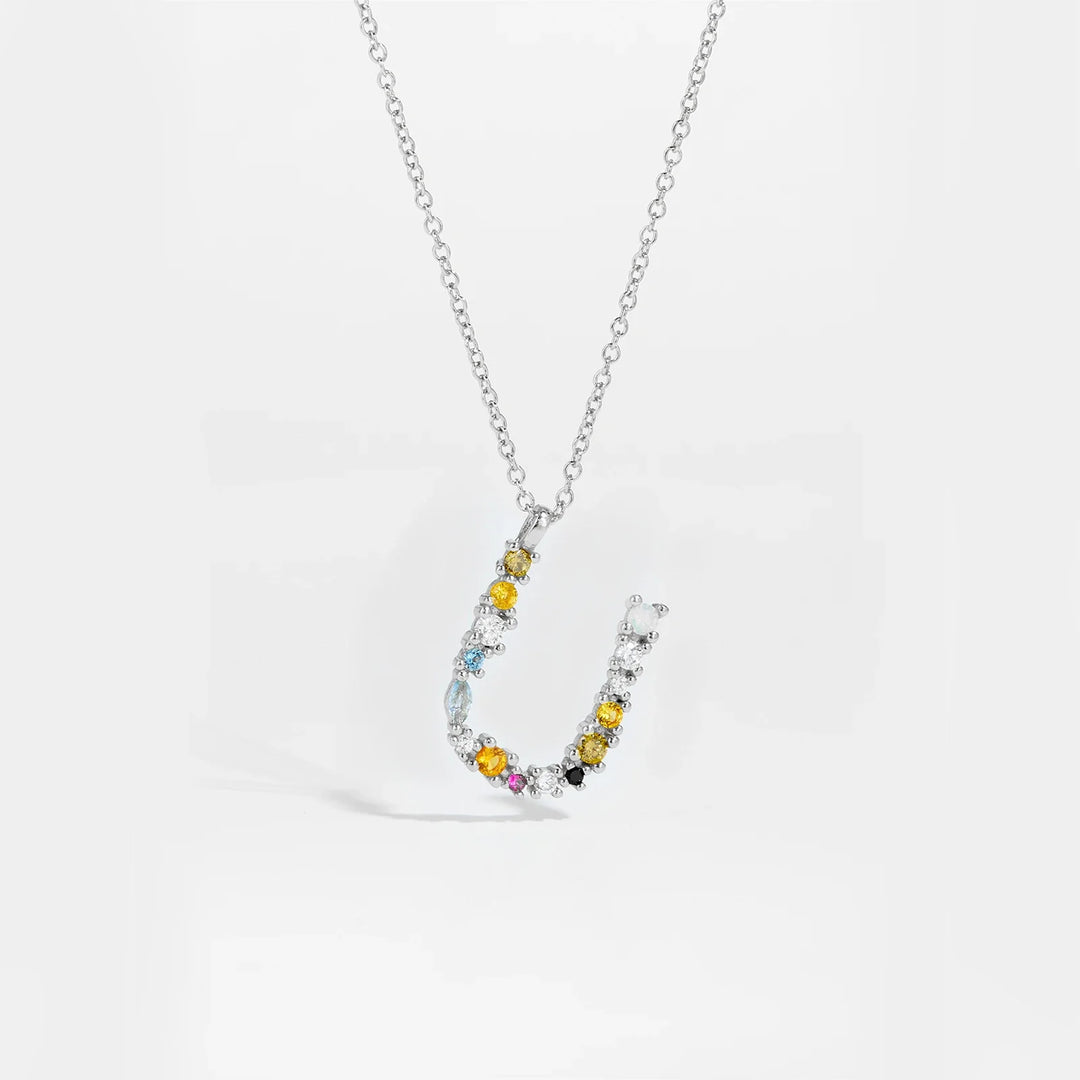 Colorful Crystal Initial Letter 925 Sterling Silver Necklace