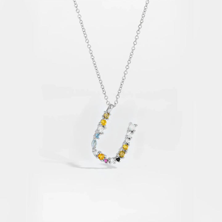 Colorful Crystal Initial Letter 925 Sterling Silver Necklace
