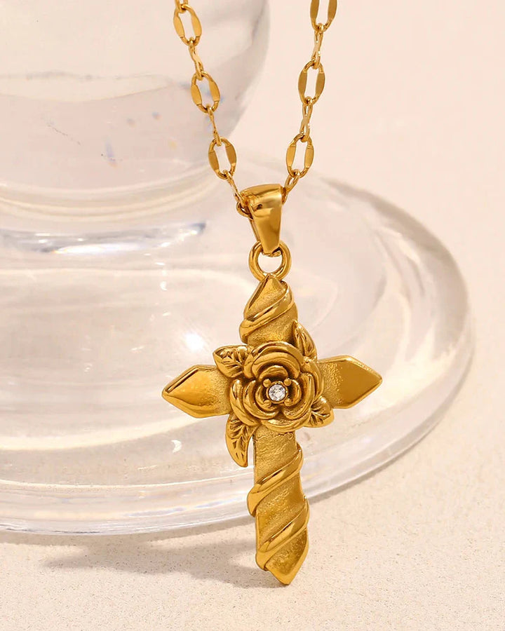 Necklace with Cross and Raised Rose (18-Carat Gold Plated)