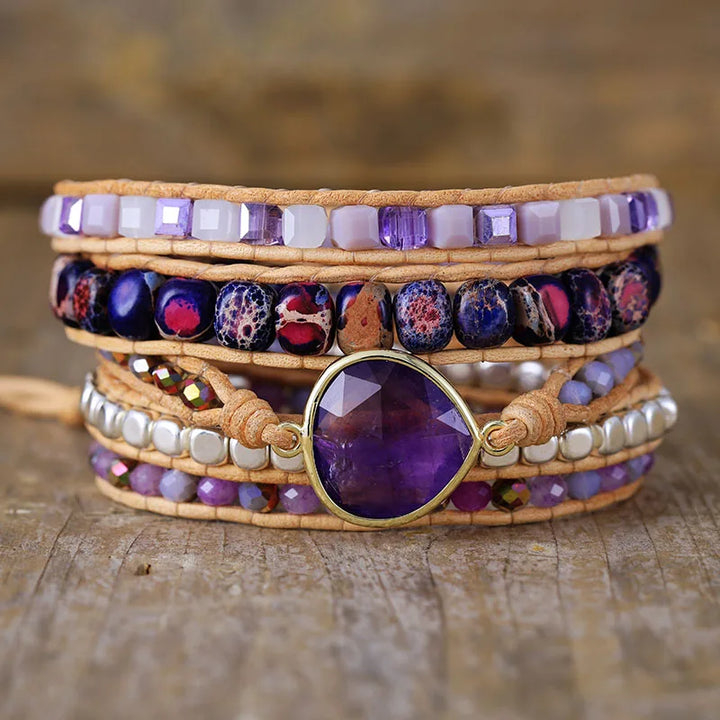 Amethyst Teardrop Charm Beaded Wrap Bracelet