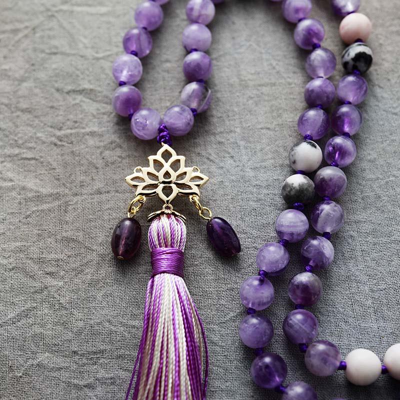 Lotus Pendant Mala Necklace – Amethyst & Jasper