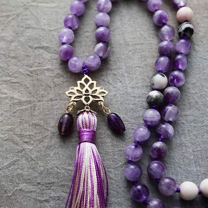 Lotus Pendant Mala Necklace – Amethyst & Jasper