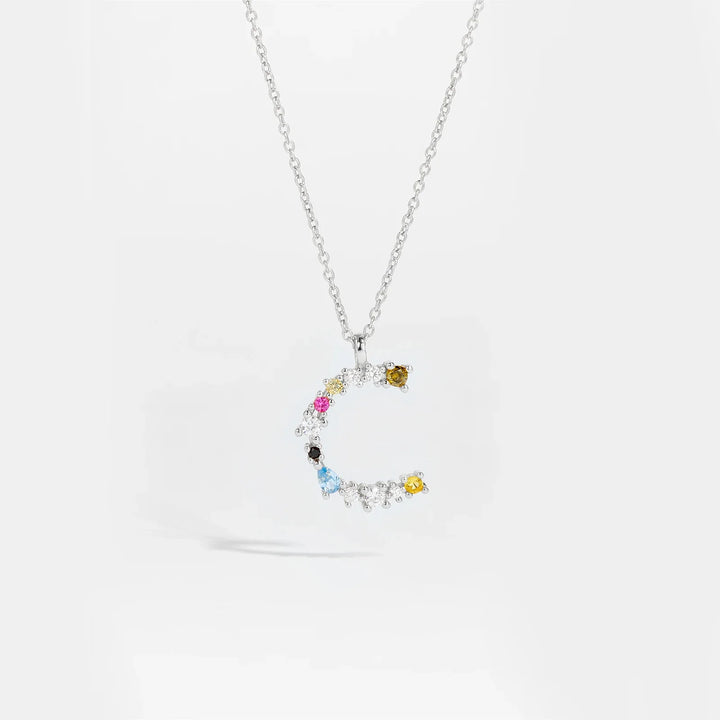 Colorful Crystal Initial Letter 925 Sterling Silver Necklace
