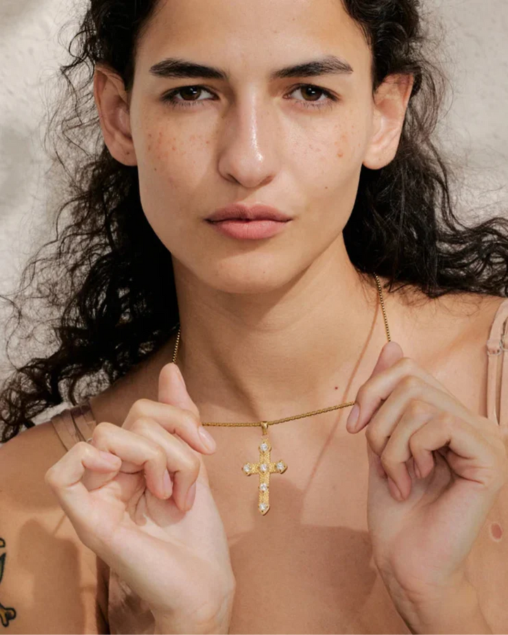 Textured Cross Necklace with Inset Zircons (Gold Plated)