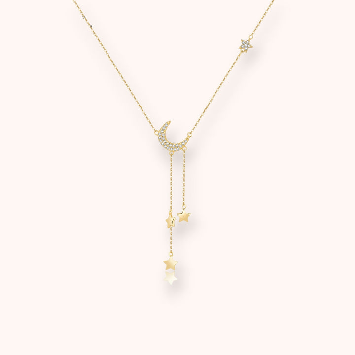 Moon & Stars Drop 925 Sterling Silver Necklace  Dainty Celestial Pendant