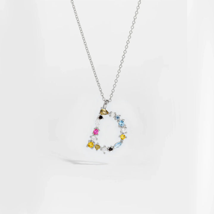 Colorful Crystal Initial Letter 925 Sterling Silver Necklace