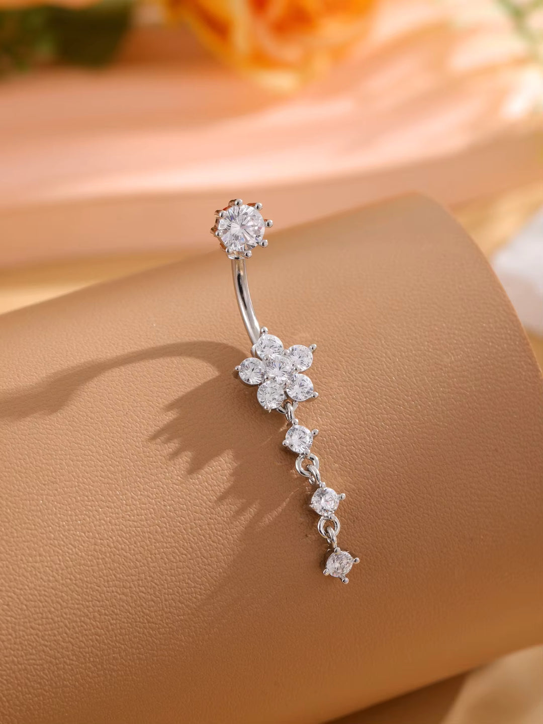 Silver Crystal Flower Drop Belly Button Ring