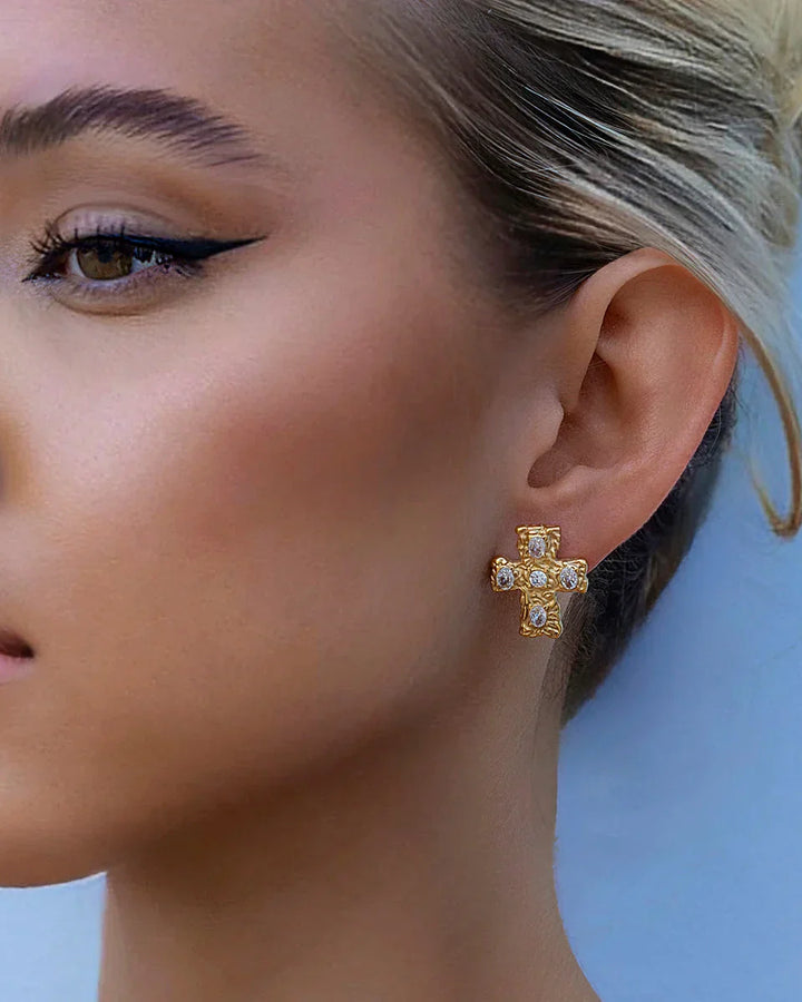 Cross Earring with Rustic Finish (Gold-Plated)