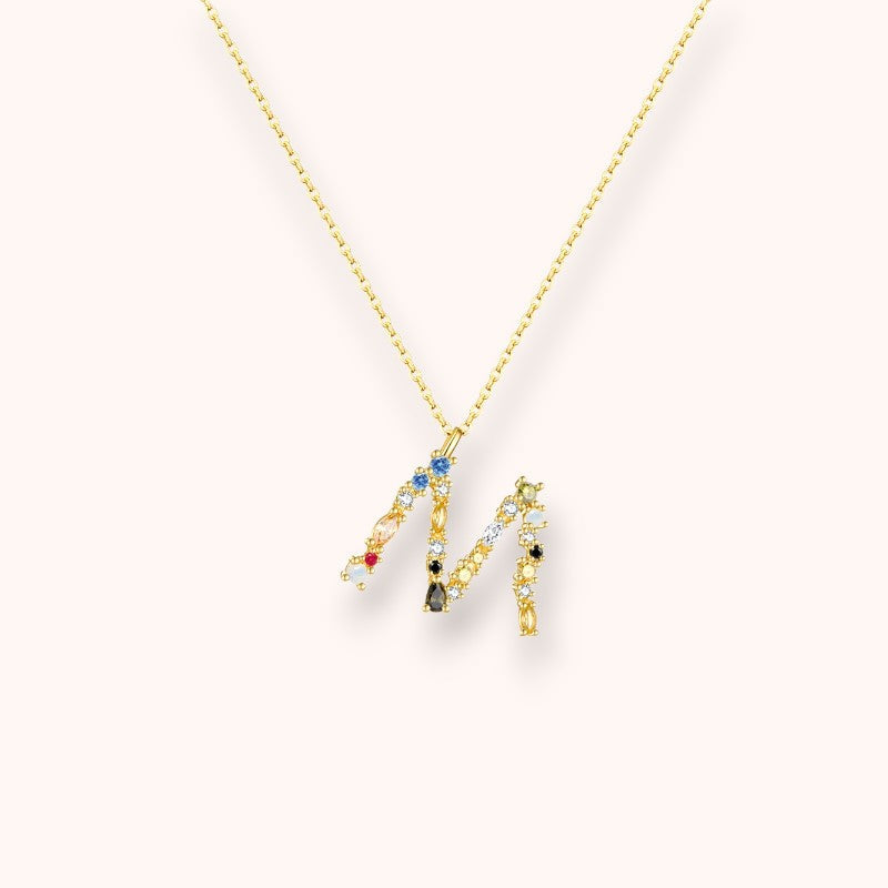 Colorful Crystal Initial Letter 925 Sterling Silver Necklace