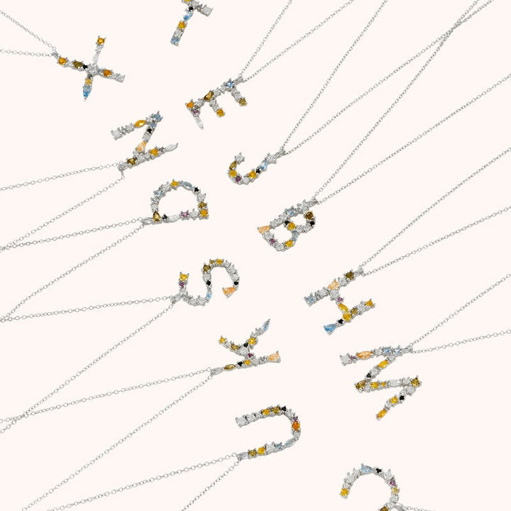 Colorful Crystal Initial Letter 925 Sterling Silver Necklace