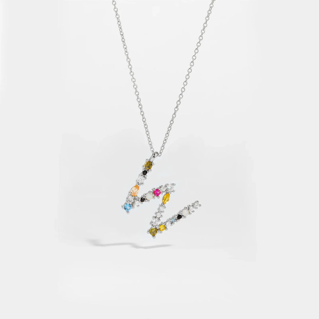 Colorful Crystal Initial Letter 925 Sterling Silver Necklace