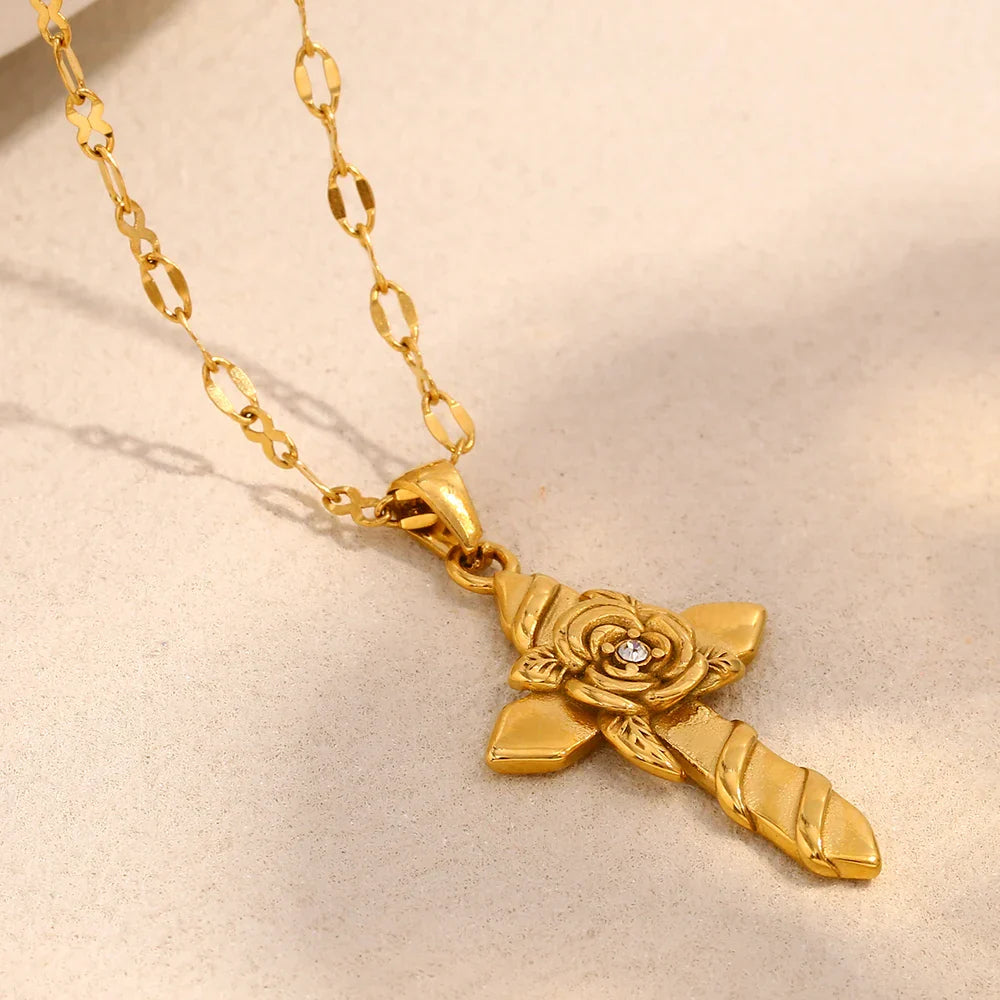 Necklace with Cross and Raised Rose (18-Carat Gold Plated)