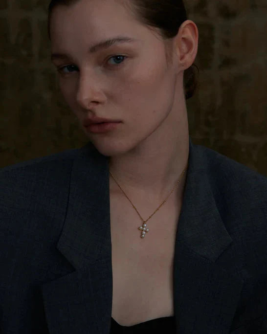 Pearl Cross Necklace (Gold Plated)