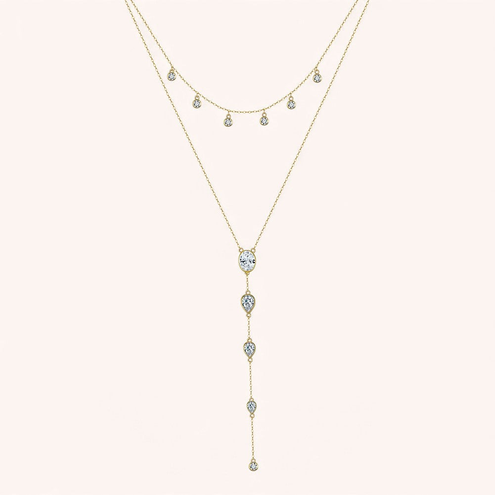 Layered Y Necklace 925 Sterling Silver | Cubic Zirconia Drop Necklace | Elegant Silver & Gold Layered Jewelry
