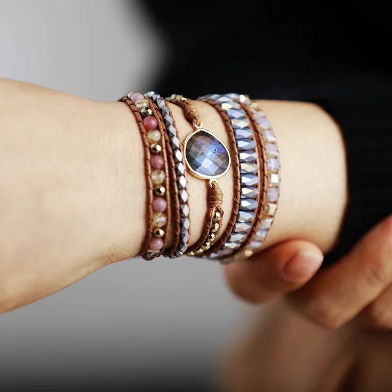 Labradorite Teardrop Charm Beaded Wrap Bracelet