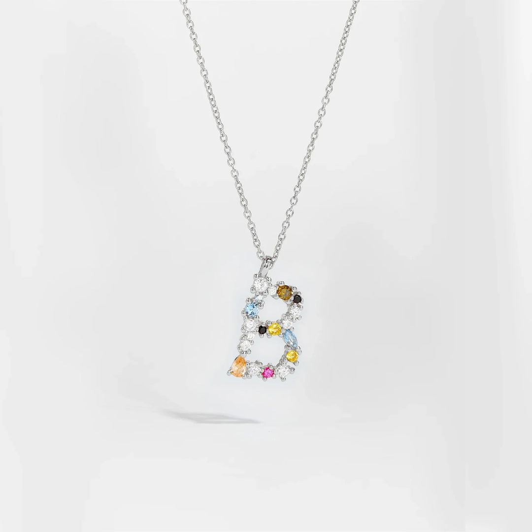 Colorful Crystal Initial Letter 925 Sterling Silver Necklace