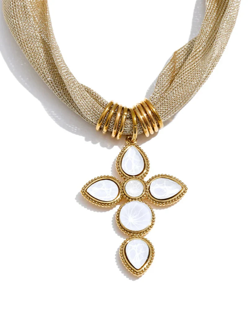 Golden Scarf Style Necklace with Stone Cross (Gold Plated)
