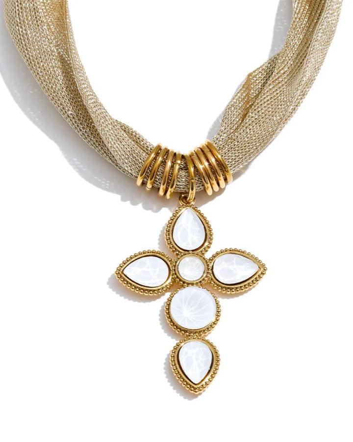 Golden Scarf Style Necklace with Stone Cross (Gold Plated)