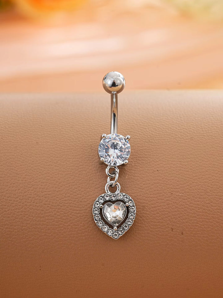 Silver Heart Crystal Dangle Belly Button Ring