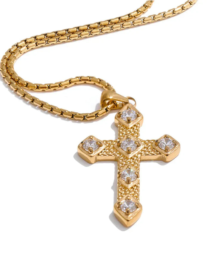 Textured Cross Necklace with Inset Zircons (Gold Plated)