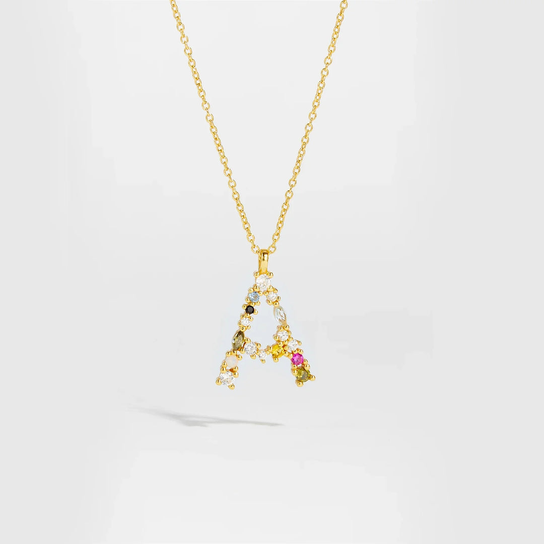 Colorful Crystal Initial Letter 925 Sterling Silver Necklace