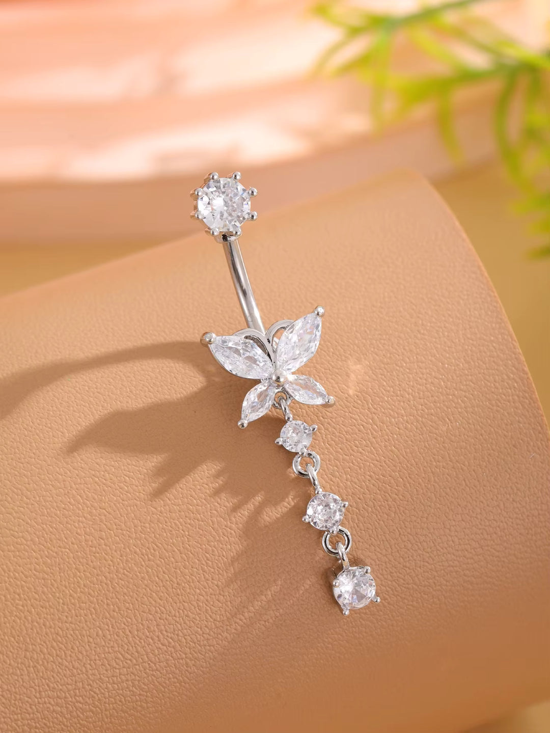 Butterfly Crystal Dangle Belly Button Ring in Silver Tone