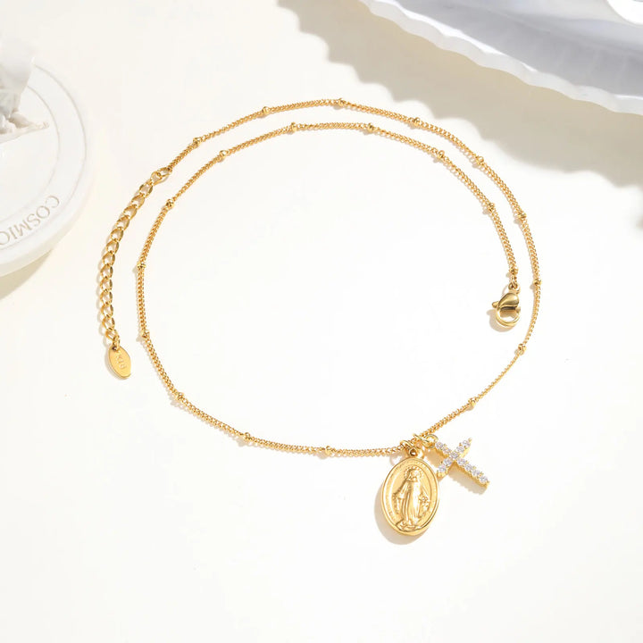 Necklace with Miraculous Medal and Paved Cross (18K Gold Plated)