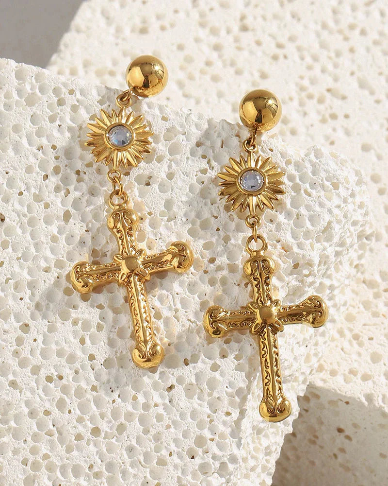 Cross Earring with Sun (Gold Plated)